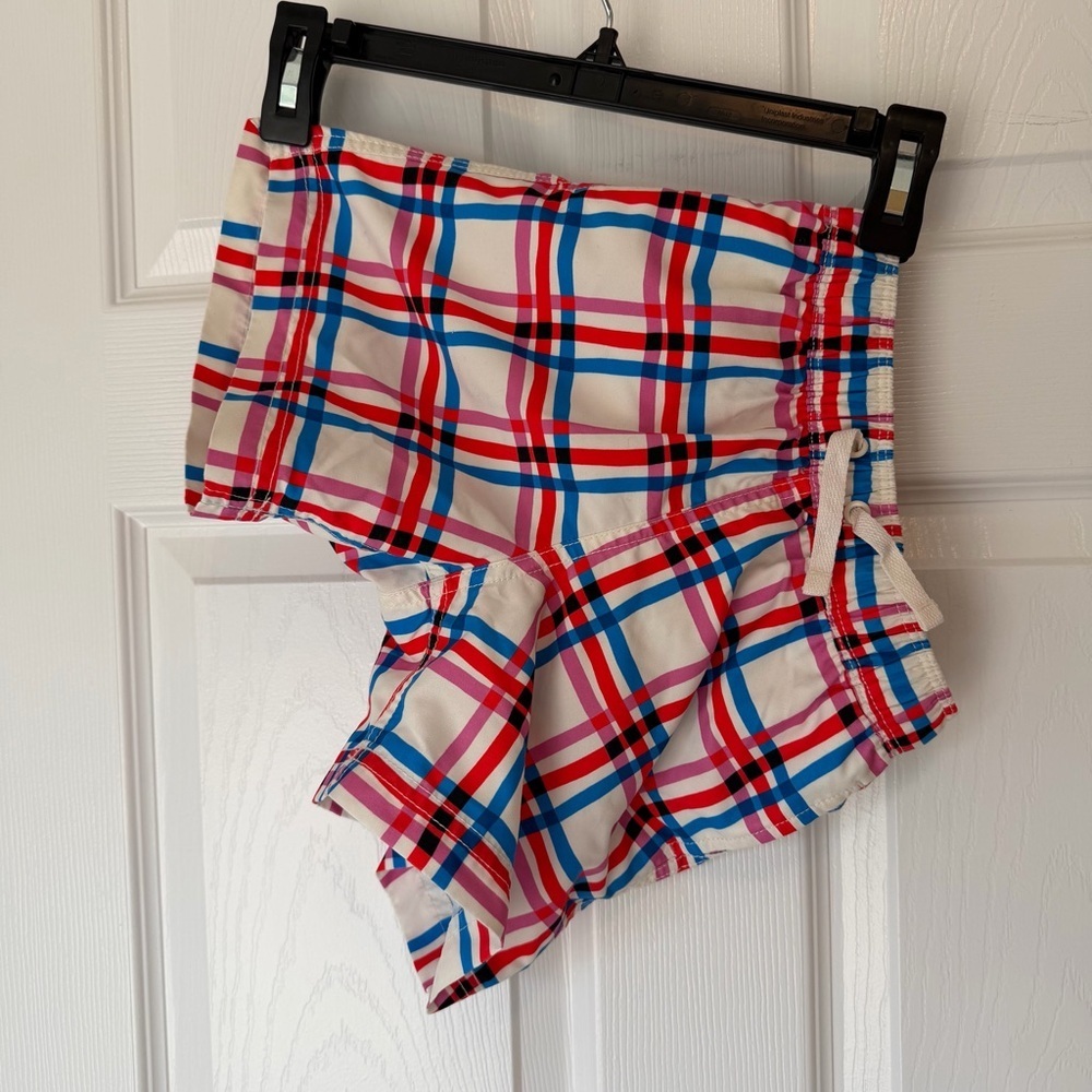 Hanna Andersson White Lined Swim Shorts with Pink/Blue Plaid